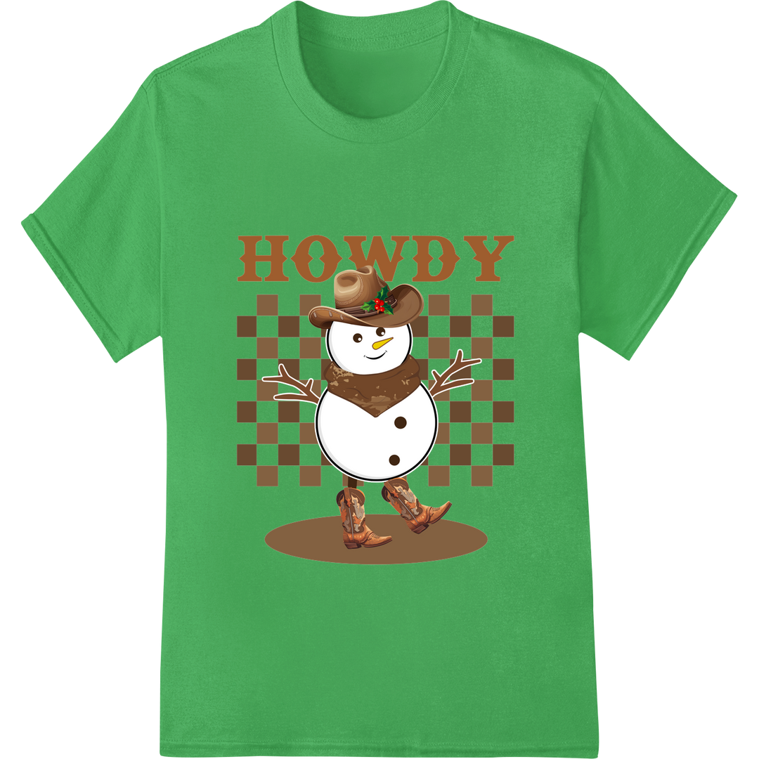 Festive Western Snowman DTF Print Heat Transfer on green shirt - SUPERDTF-DTF Prints-DTF Transfers-Custom DTF Prints