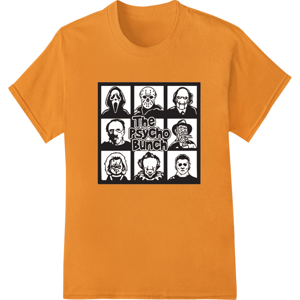 The Psycho Bunch DTF print design featuring a group of maniacal characters in a horror movie parody style for custom apparel.