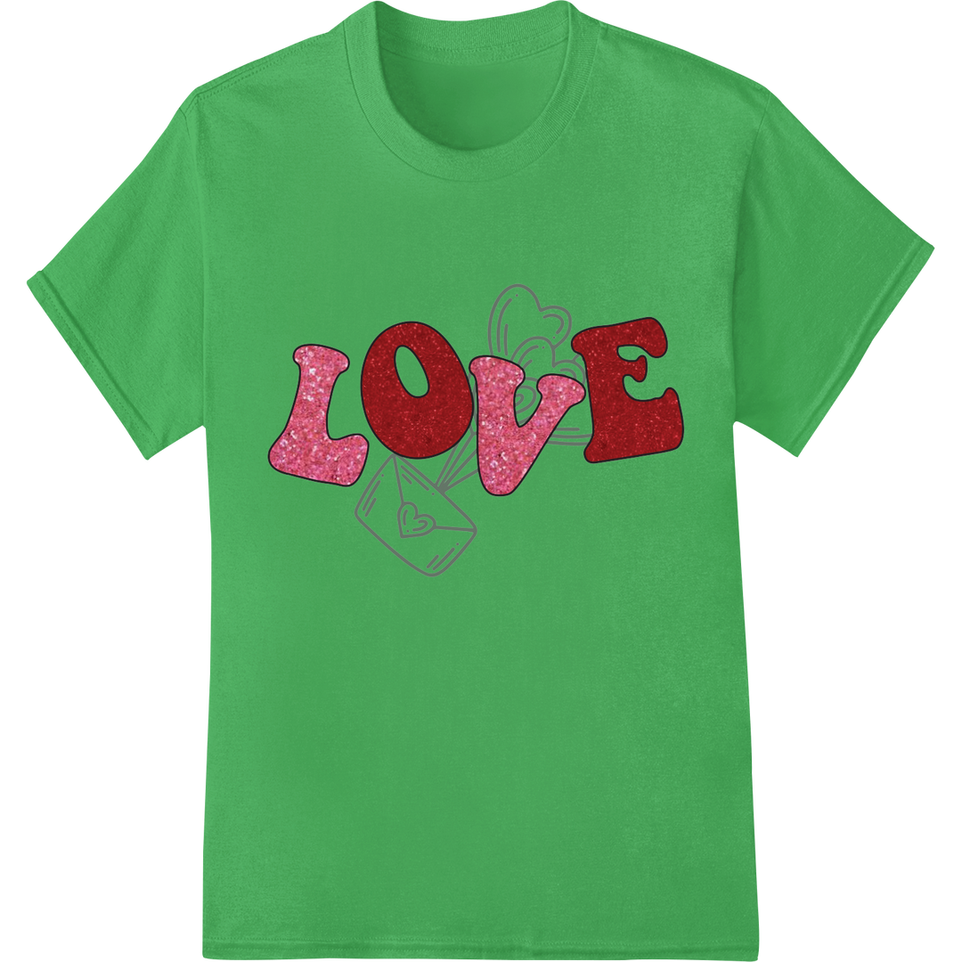 Glittery 'LOVE' Valentine's Day DTF Heat Transfer Print on green shirt - SUPERDTF-DTF Prints-DTF Transfers-Custom DTF Prints