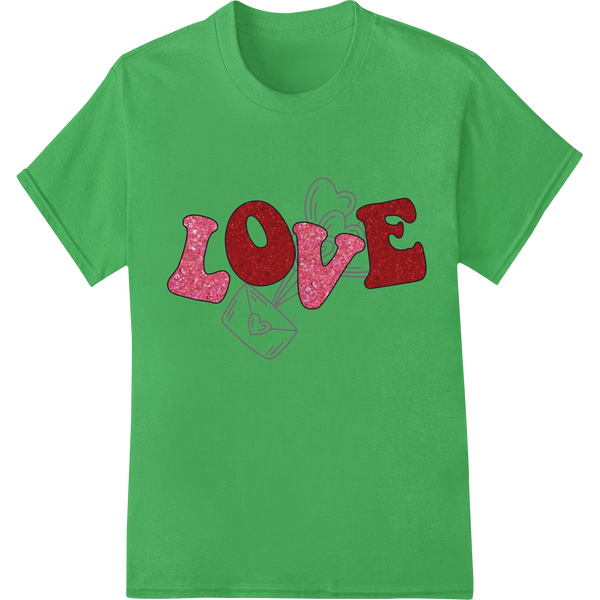 Glittery 'LOVE' Valentine's Day DTF Heat Transfer Print on green shirt - SUPERDTF-DTF Prints-DTF Transfers-Custom DTF Prints