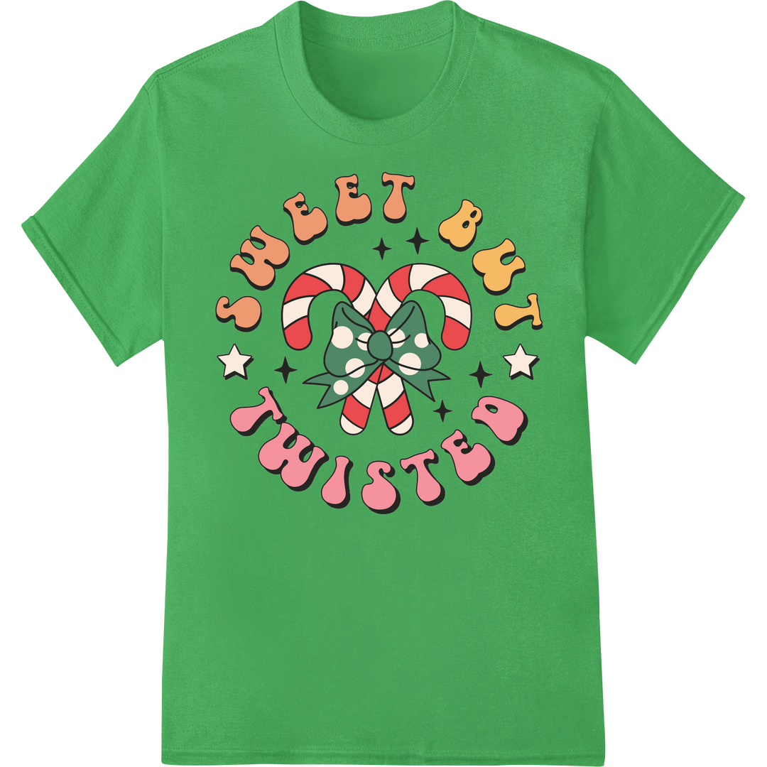 Retro Candy Cane Christmas: Nostalgic Holiday DTF Print on green shirt - SUPERDTF-DTF Prints-DTF Transfers-Custom DTF Prints