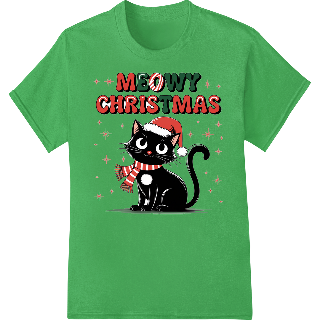 Adorable 'Meowy Christmas' Cat Design Heat Transfer on green shirt - SUPERDTF-DTF Prints-DTF Transfers-Custom DTF Prints