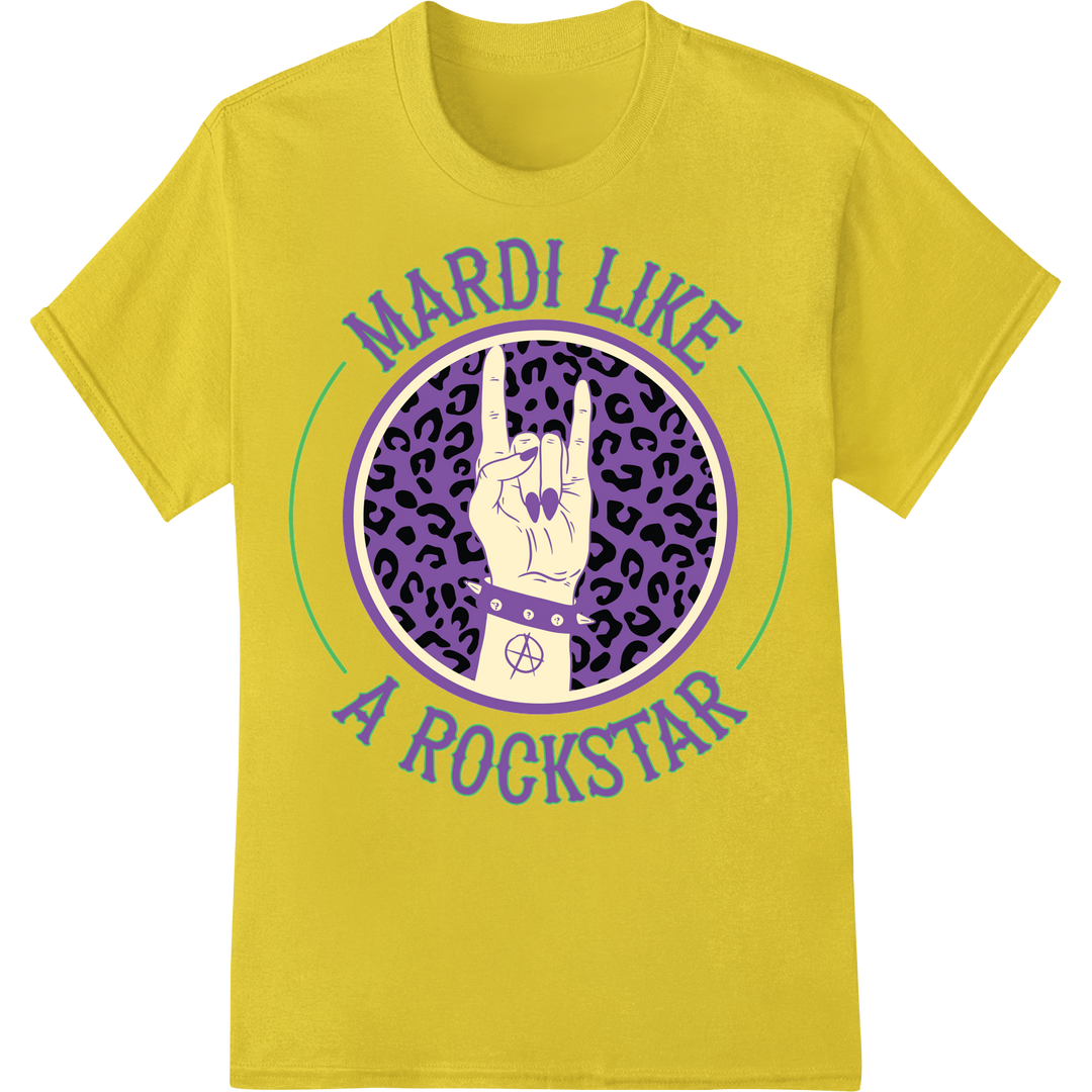 Mardi Gras Rockstar Style Heat Transfer Print | Super DTF on yellow shirt - SUPERDTF-DTF Prints-DTF Transfers-Custom DTF Prints