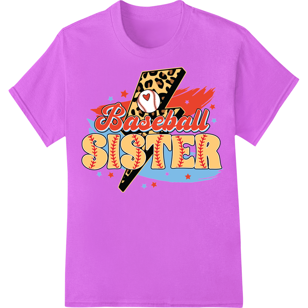 Bold 'Baseball Sister' Super DTF Print | Sporty Sibling Gift on purple shirt - SUPERDTF-DTF Prints-DTF Transfers-Custom DTF Prints