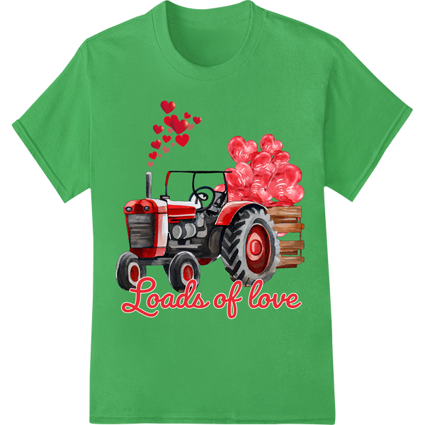 Loads of Love: Cute Valentine's Tractor Farm Heat Transfer on green shirt - SUPERDTF-DTF Prints-DTF Transfers-Custom DTF Prints