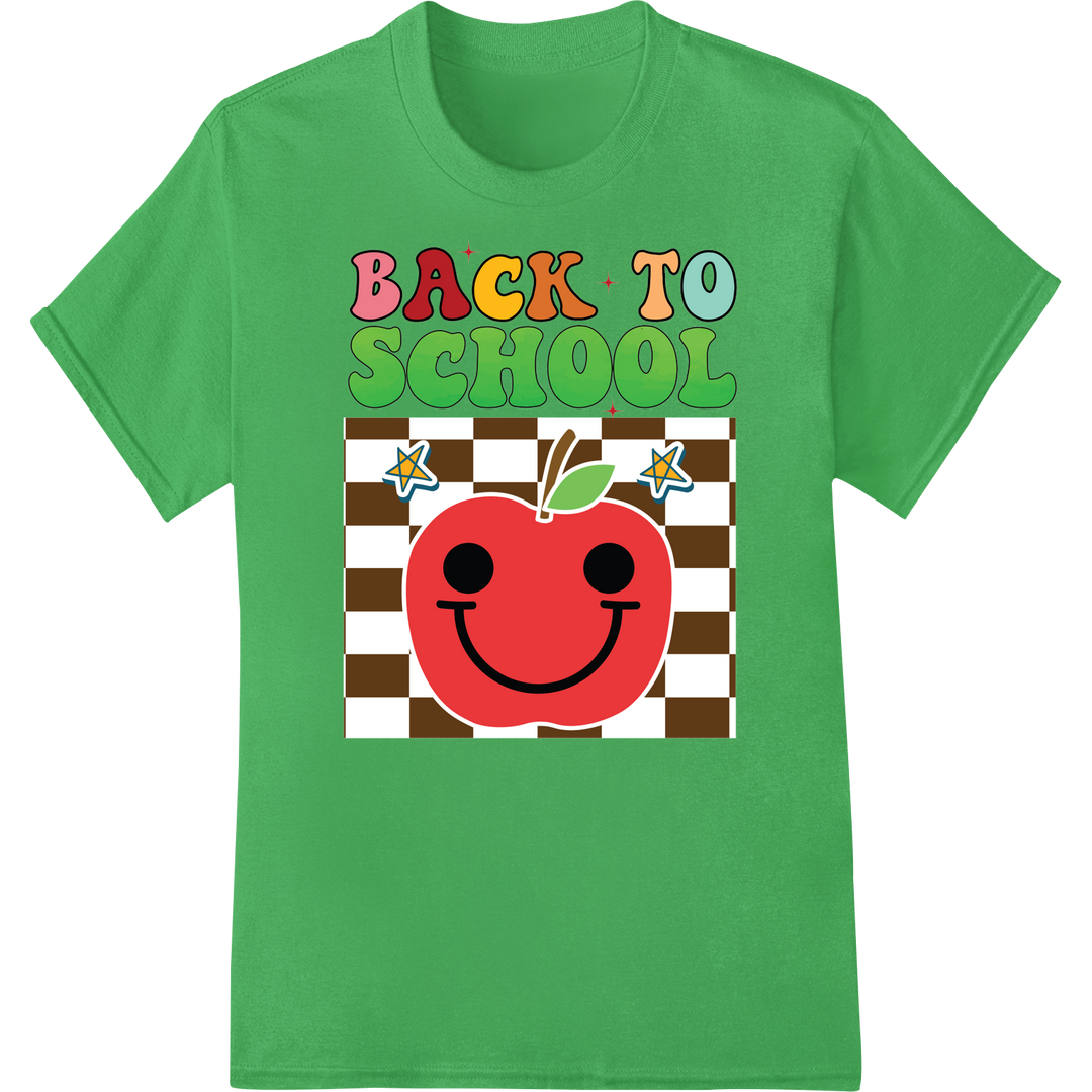 Smiling Apple Back to School DTF Print Heat Transfer on green shirt - SUPERDTF-DTF Prints-DTF Transfers-Custom DTF Prints