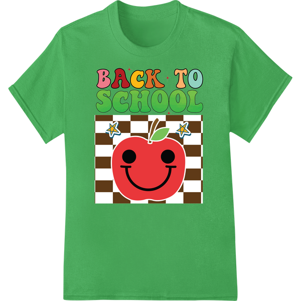 Smiling Apple Back to School DTF Print Heat Transfer on green shirt - SUPERDTF-DTF Prints-DTF Transfers-Custom DTF Prints