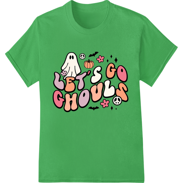 Adorable pastel pink ghost graphic that says 'Let's Go Ghouls' along with pumpkins and ghosts, perfect for Halloween DTF...