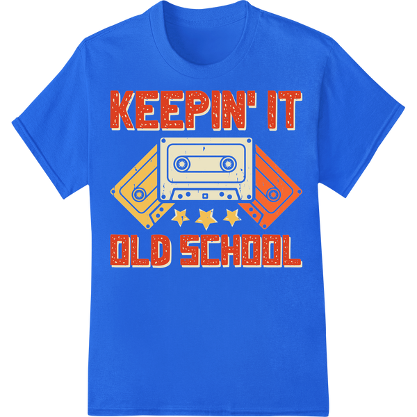 Retro Cassette Tape DTF Print Heat Transfer | Old School Nostalgia on blue shirt - SUPERDTF-DTF Prints-DTF Transfers-Custom DTF Prints