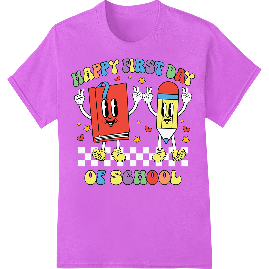 Adorable Book Characters Celebrate First Day of School on purple shirt - SUPERDTF-DTF Prints-DTF Transfers-Custom DTF Prints