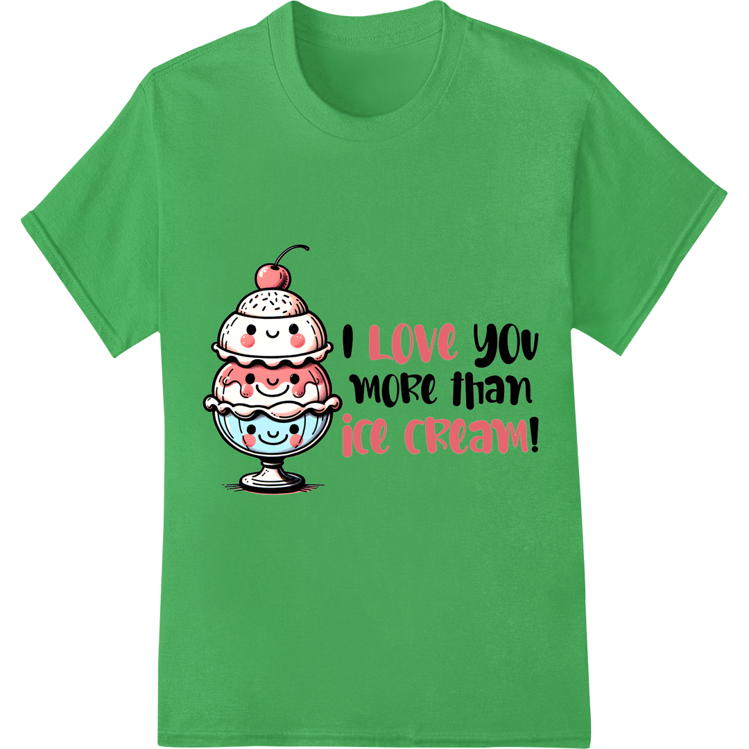 Adorable 'I Love You More Than Ice Cream' Valentine's DTF Print on green shirt - SUPERDTF-DTF Prints-DTF Transfers-Custom DTF Prints