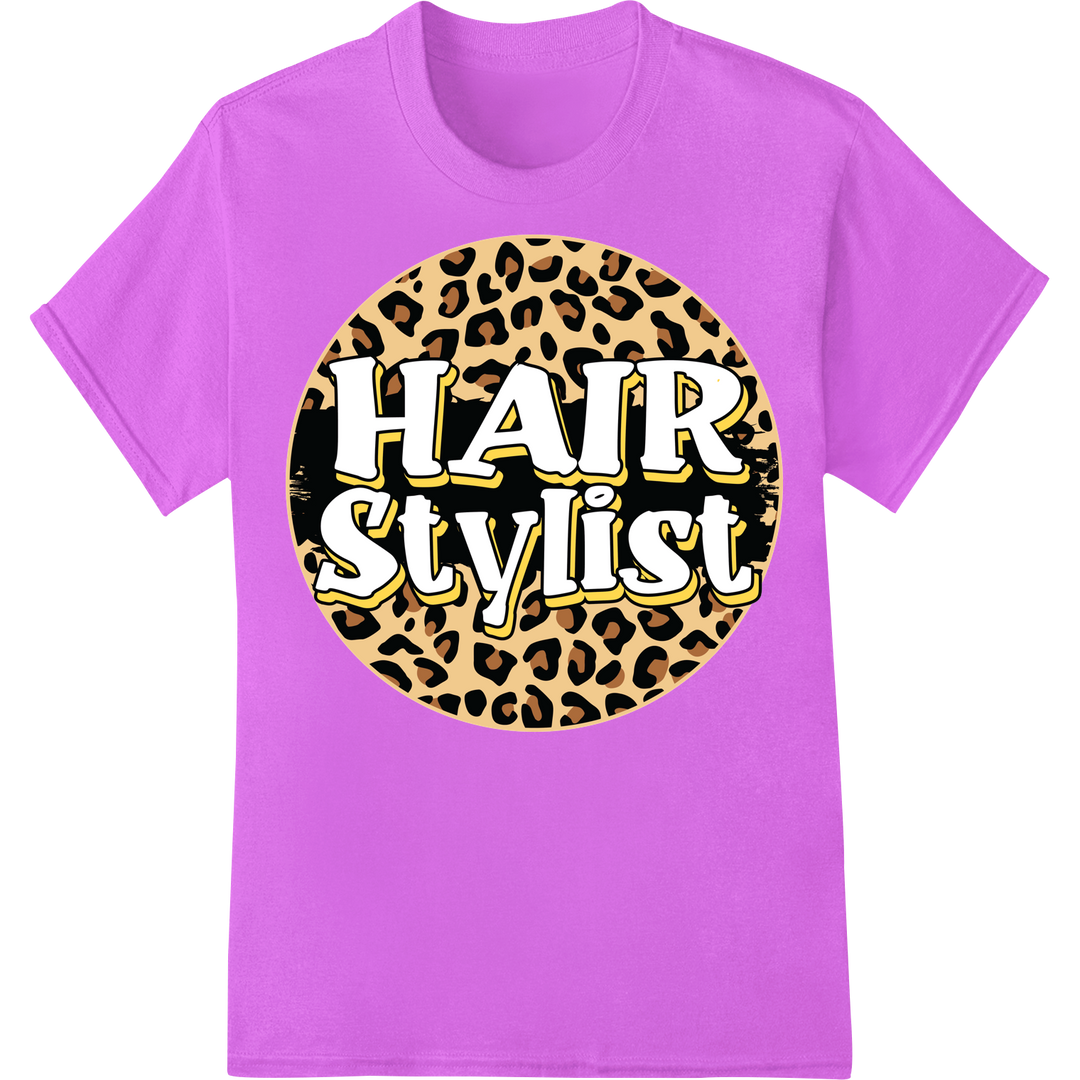 Bold Leopard Print 'Hair Stylist' DTF Heat Transfer on purple shirt - SUPERDTF-DTF Prints-DTF Transfers-Custom DTF Prints