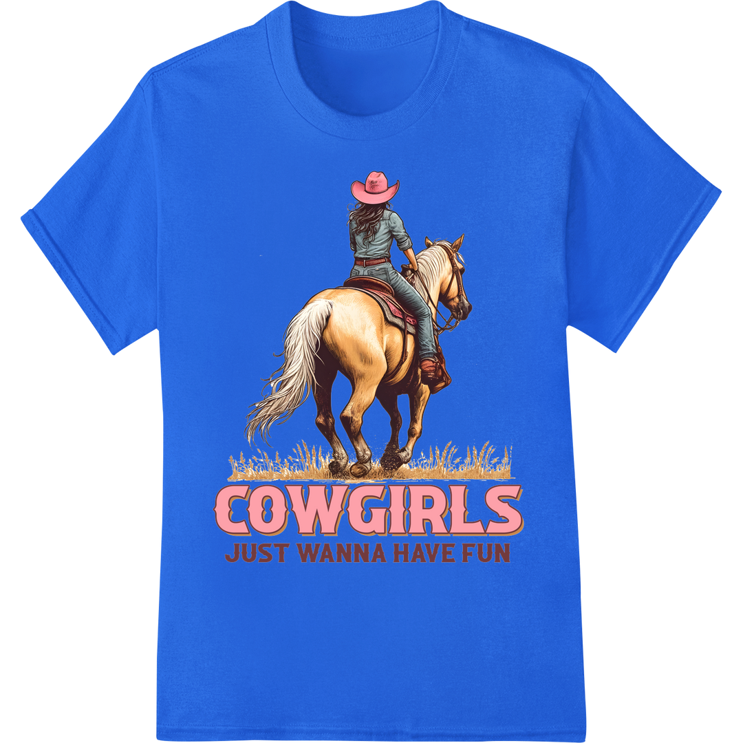 Sassy Cowgirl Riding Horse DTF Print Heat Transfer on blue shirt - SUPERDTF-DTF Prints-DTF Transfers-Custom DTF Prints