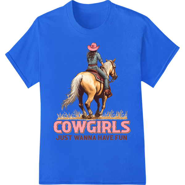 Sassy Cowgirl Riding Horse DTF Print Heat Transfer on blue shirt - SUPERDTF-DTF Prints-DTF Transfers-Custom DTF Prints