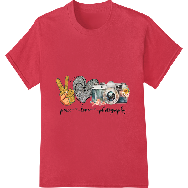 Vintage Camera Peace Love Photography DTF Print Transfer on red shirt - SUPERDTF-DTF Prints-DTF Transfers-Custom DTF Prints