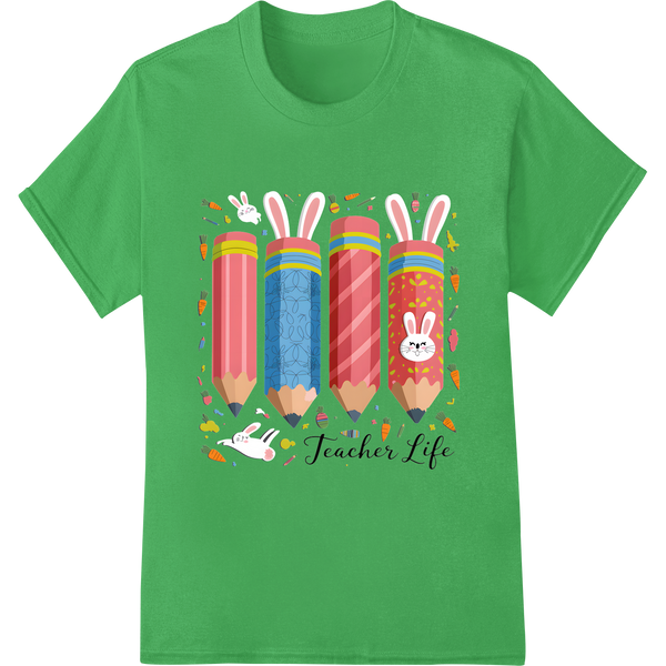 Retro Easter Teacher Life Pencil Bunny DTF Print Transfer on green shirt - SUPERDTF-DTF Prints-DTF Transfers-Custom DTF Prints