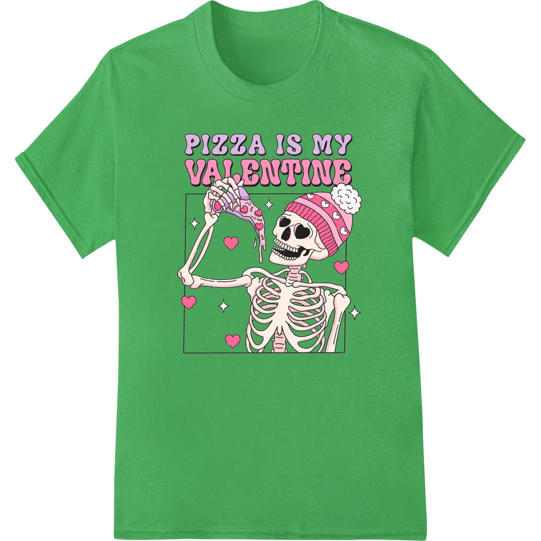 Quirky Skeleton Pizza Love DTF Print for Valentine's Day on green shirt - SUPERDTF-DTF Prints-DTF Transfers-Custom DTF Prints