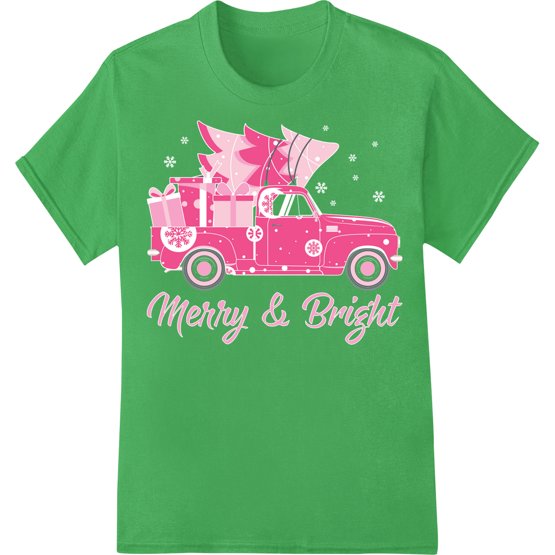 Festive Pink Christmas Truck - Merry & Bright DTF Print on green shirt - SUPERDTF-DTF Prints-DTF Transfers-Custom DTF Prints