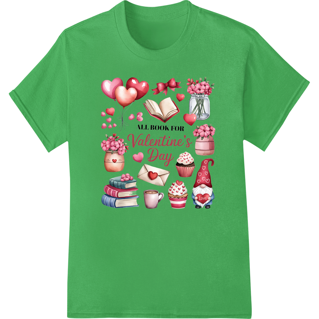 Adorable Valentine's Day Print: Hearts, Books & Love on green shirt - SUPERDTF-DTF Prints-DTF Transfers-Custom DTF Prints