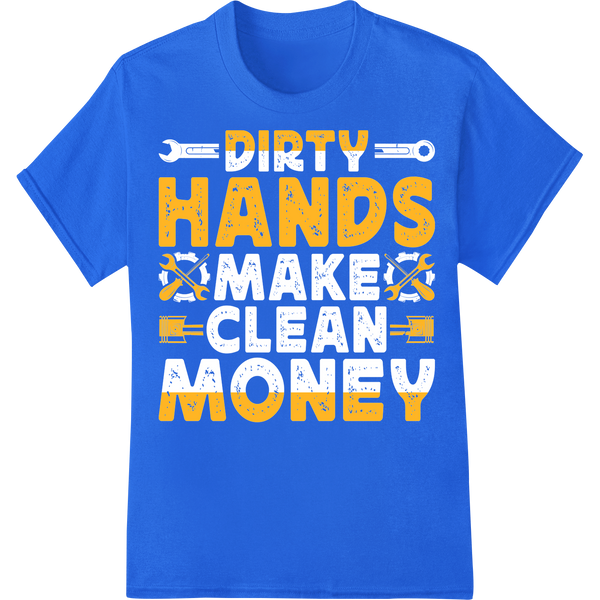 Vintage Mechanic 'Hands Money' | DTF Print Heat Transfer on blue shirt - SUPERDTF-DTF Prints-DTF Transfers-Custom DTF Prints