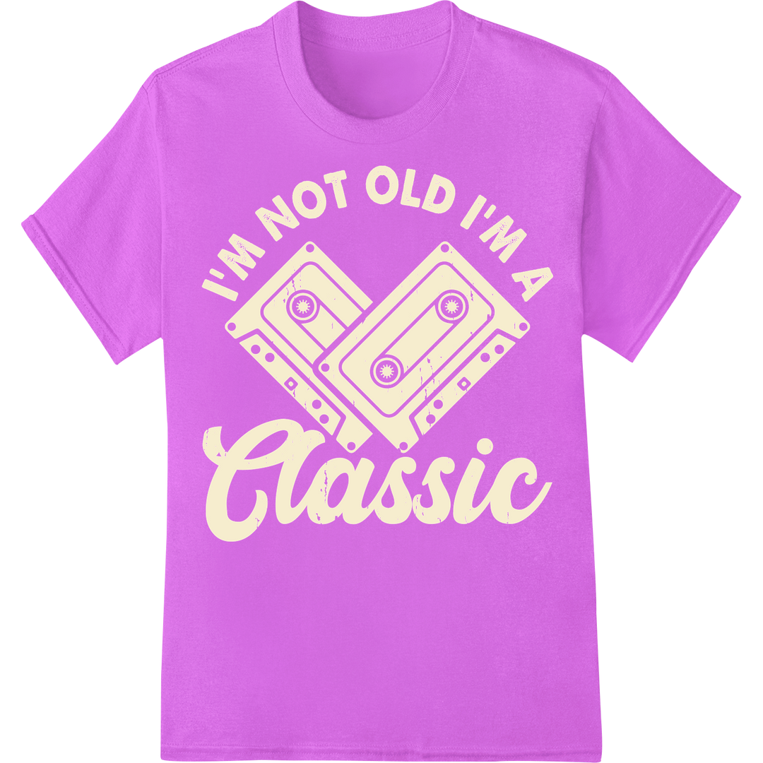 Retro Cassette Classic: Vintage Music DTF Print Transfer on purple shirt - SUPERDTF-DTF Prints-DTF Transfers-Custom DTF Prints