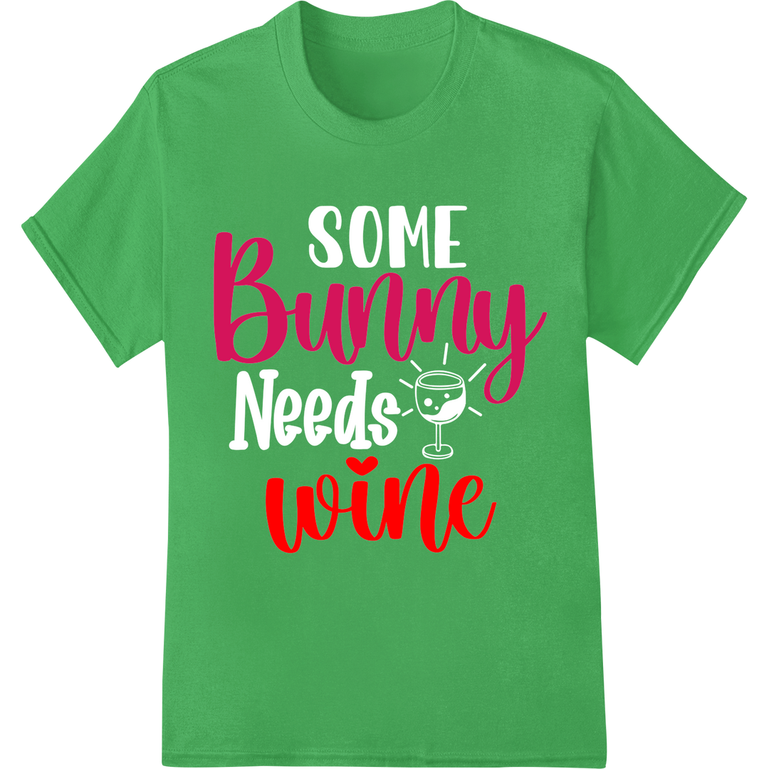 Playful 'Bunny Wine' Easter DTF Print Heat Transfer Design on green shirt - SUPERDTF-DTF Prints-DTF Transfers-Custom DTF Prints