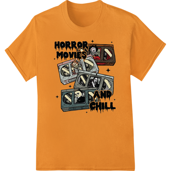 Horror Movies & Chill: A Spine-Chilling Design for Fans on orange shirt - SUPERDTF-DTF Prints-DTF Transfers-Custom DTF Prints