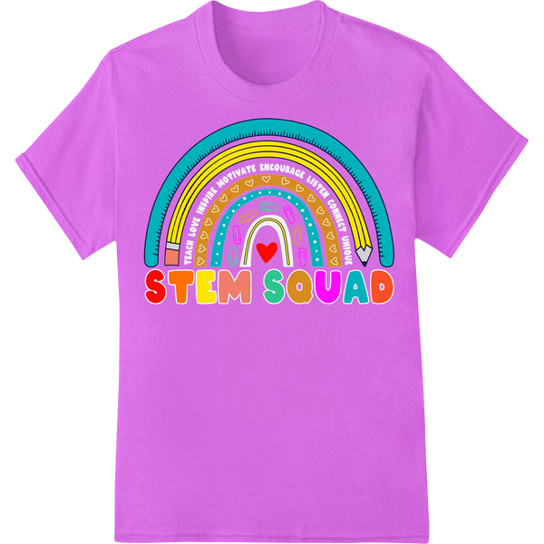 Vibrant 'STEM Squad' Rainbow DTF Print Heat Transfer on purple shirt - SUPERDTF-DTF Prints-DTF Transfers-Custom DTF Prints