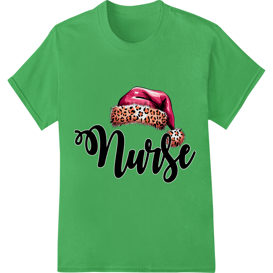 Festive Leopard Santa Nurse Hat | Funny Christmas DTF Print on green shirt - SUPERDTF-DTF Prints-DTF Transfers-Custom DTF Prints