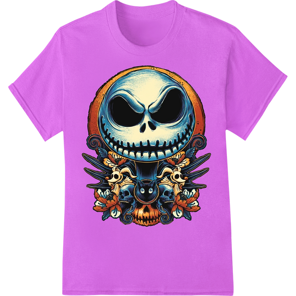 Spooky jack-o'-lantern skull design for DTF heat transfer printing on t-shirts and apparel for Halloween celebrations.