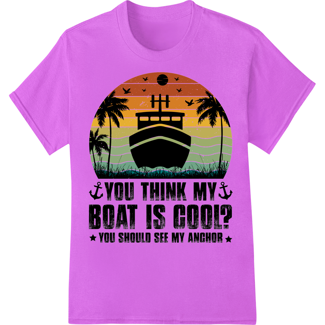 Retro Nautical Humor: Cool Boat, Cooler Anchor DTF Print on purple shirt - SUPERDTF-DTF Prints-DTF Transfers-Custom DTF Prints