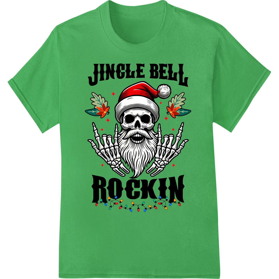 Edgy 'Jingle Bell Rockin' Skeleton' Christmas DTF Print on green shirt - SUPERDTF-DTF Prints-DTF Transfers-Custom DTF Prints