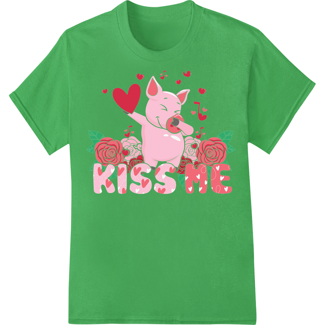 Adorable Pink Pig Valentine's Day Farm Animal DTF Print on green shirt - SUPERDTF-DTF Prints-DTF Transfers-Custom DTF Prints