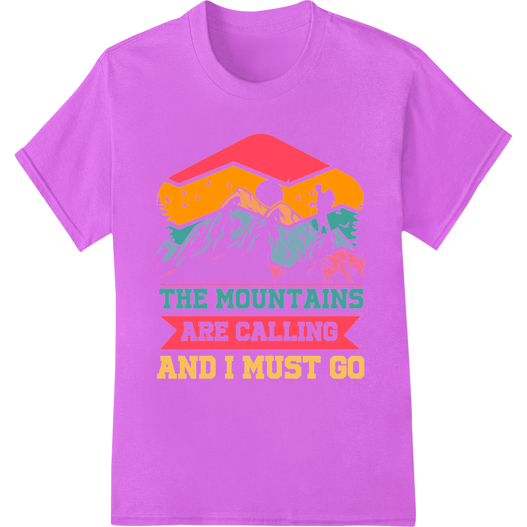 Answer the Mountains' Call: Bold Hiking DTF Print Transfer on purple shirt - SUPERDTF-DTF Prints-DTF Transfers-Custom DTF Prints