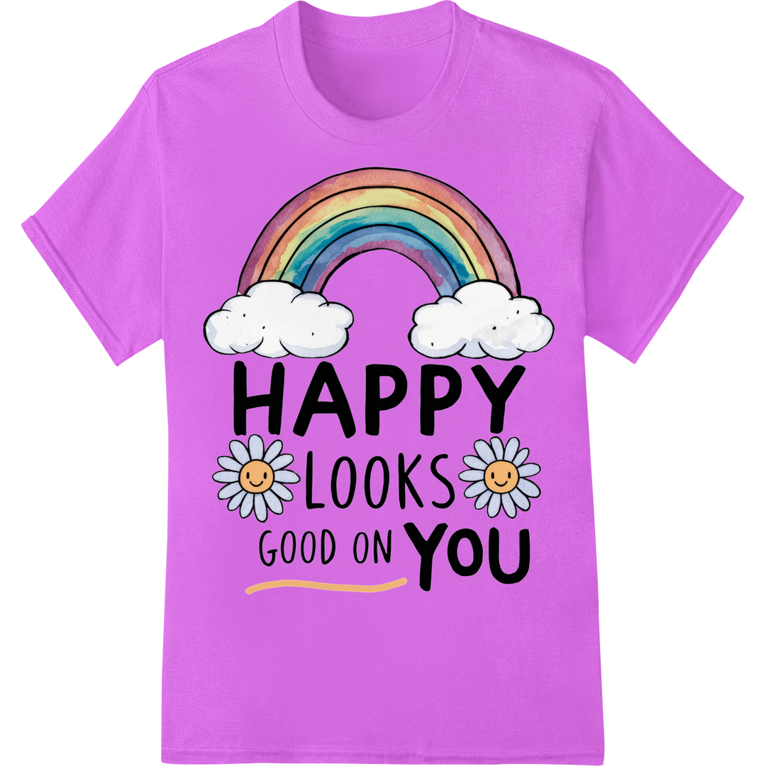 Vibrant Rainbow "HAPPY LOOKS GOOD ON YOU" Positivity Print on purple shirt - SUPERDTF-DTF Prints-DTF Transfers-Custom DTF Prints