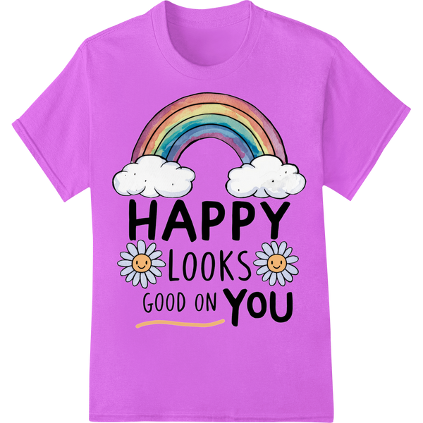 Vibrant Rainbow "HAPPY LOOKS GOOD ON YOU" Positivity Print on purple shirt - SUPERDTF-DTF Prints-DTF Transfers-Custom DTF Prints