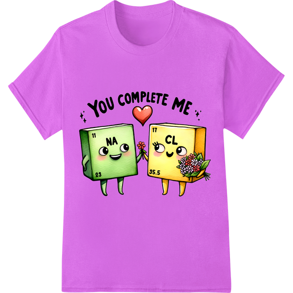 Adorable 'You Complete Me' Chemistry Love DTF Print Transfer on purple shirt - SUPERDTF-DTF Prints-DTF Transfers-Custom DTF Prints