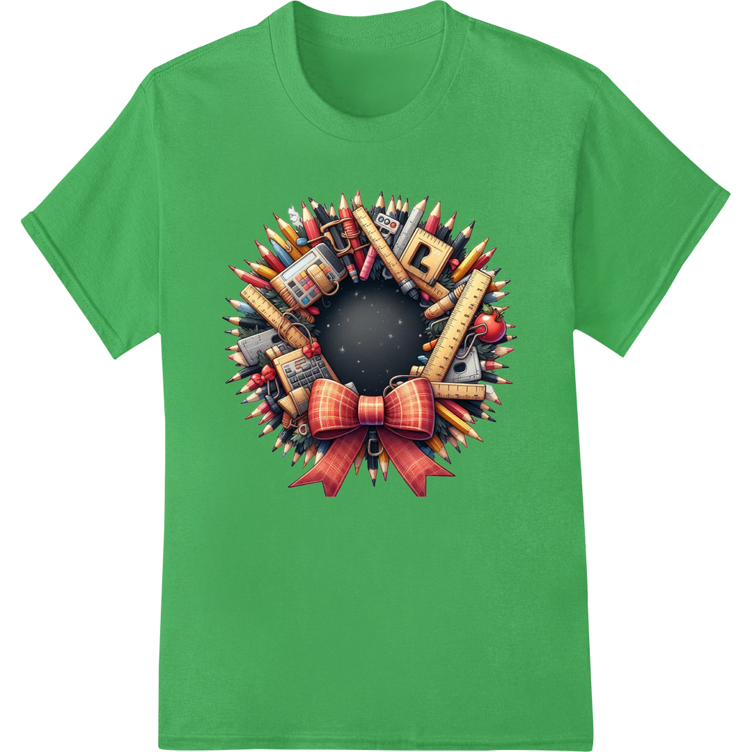 Vibrant Teacher Christmas Wreath DTF Print Transfer on green shirt - SUPERDTF-DTF Prints-DTF Transfers-Custom DTF Prints