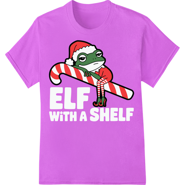 Adorable Christmas Frog with Candy Cane Stripes Heat Transfer on purple shirt - SUPERDTF-DTF Prints-DTF Transfers-Custom DTF Prints