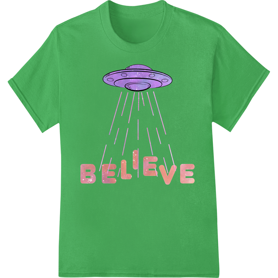 Believe in Aliens: Retro UFO Beaming Light DTF Print Transfer on green shirt - SUPERDTF-DTF Prints-DTF Transfers-Custom DTF Prints