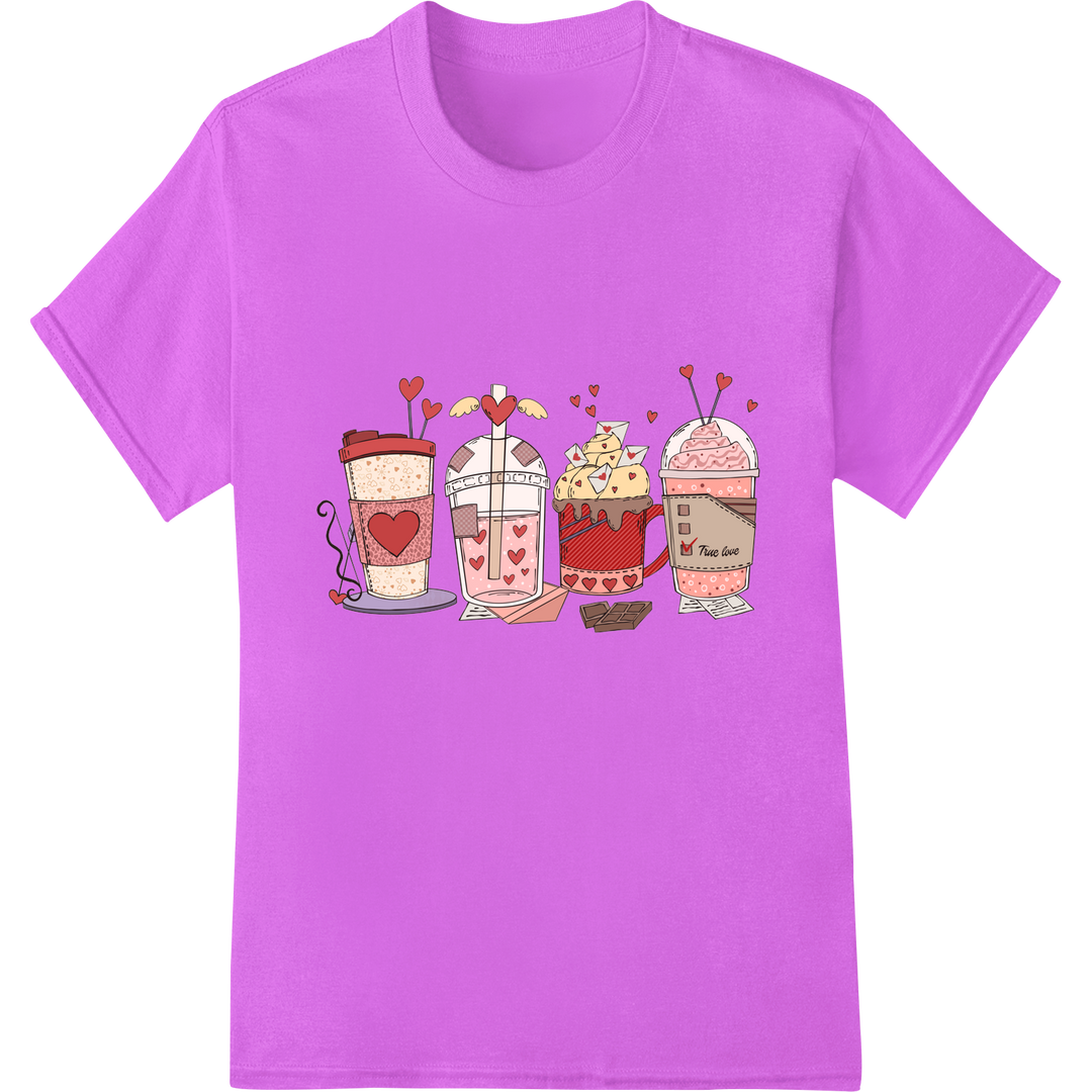 Adorable Valentine's Drinks DTF Print Heat Transfer on purple shirt - SUPERDTF-DTF Prints-DTF Transfers-Custom DTF Prints