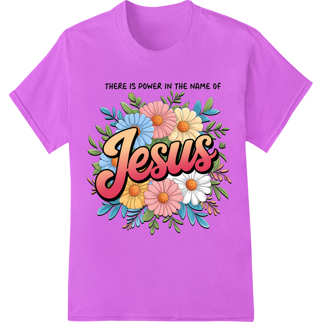 Floral Faith: Jesus' Power Shines in Stunning Heat Transfer on purple shirt - SUPERDTF-DTF Prints-DTF Transfers-Custom DTF Prints