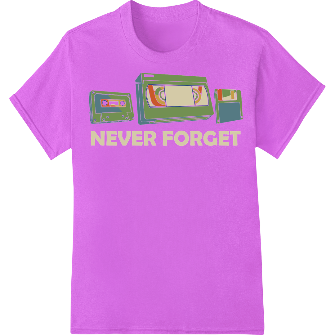 Retro '90s Cassette Tape "NEVER FORGET" DTF Print Heat Transfer on purple shirt - SUPERDTF-DTF Prints-DTF Transfers-Custom DTF Prints