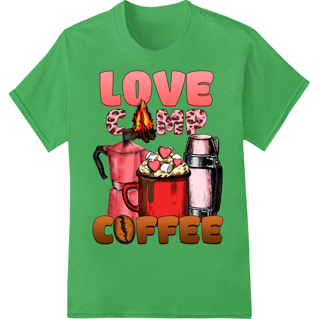 Rustic Romance: LOVE CAMP COFFEE Valentine's DTF Print on green shirt - SUPERDTF-DTF Prints-DTF Transfers-Custom DTF Prints