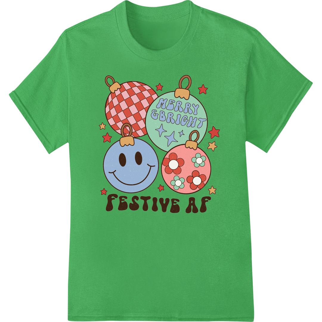 Retro Christmas Ornaments DTF Print | Festive Holiday Style on green shirt - SUPERDTF-DTF Prints-DTF Transfers-Custom DTF Prints