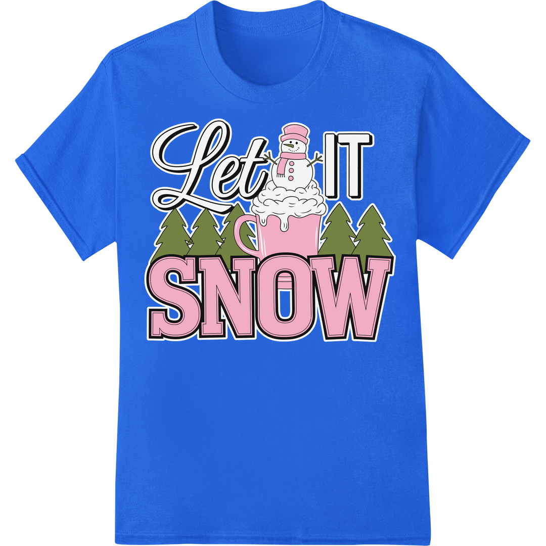 Adorable Pink 'Let it SNOW' Christmas DTF Print Transfer on blue shirt - SUPERDTF-DTF Prints-DTF Transfers-Custom DTF Prints