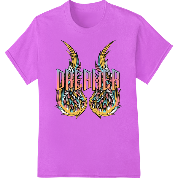 Colorful abstract wing design 'Dreamer' heat transfer print for direct to film apparel printing and decorating.