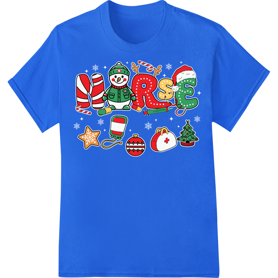 Retro Nurse Christmas Magic Heat Transfer | Festive DIY on blue shirt - SUPERDTF-DTF Prints-DTF Transfers-Custom DTF Prints