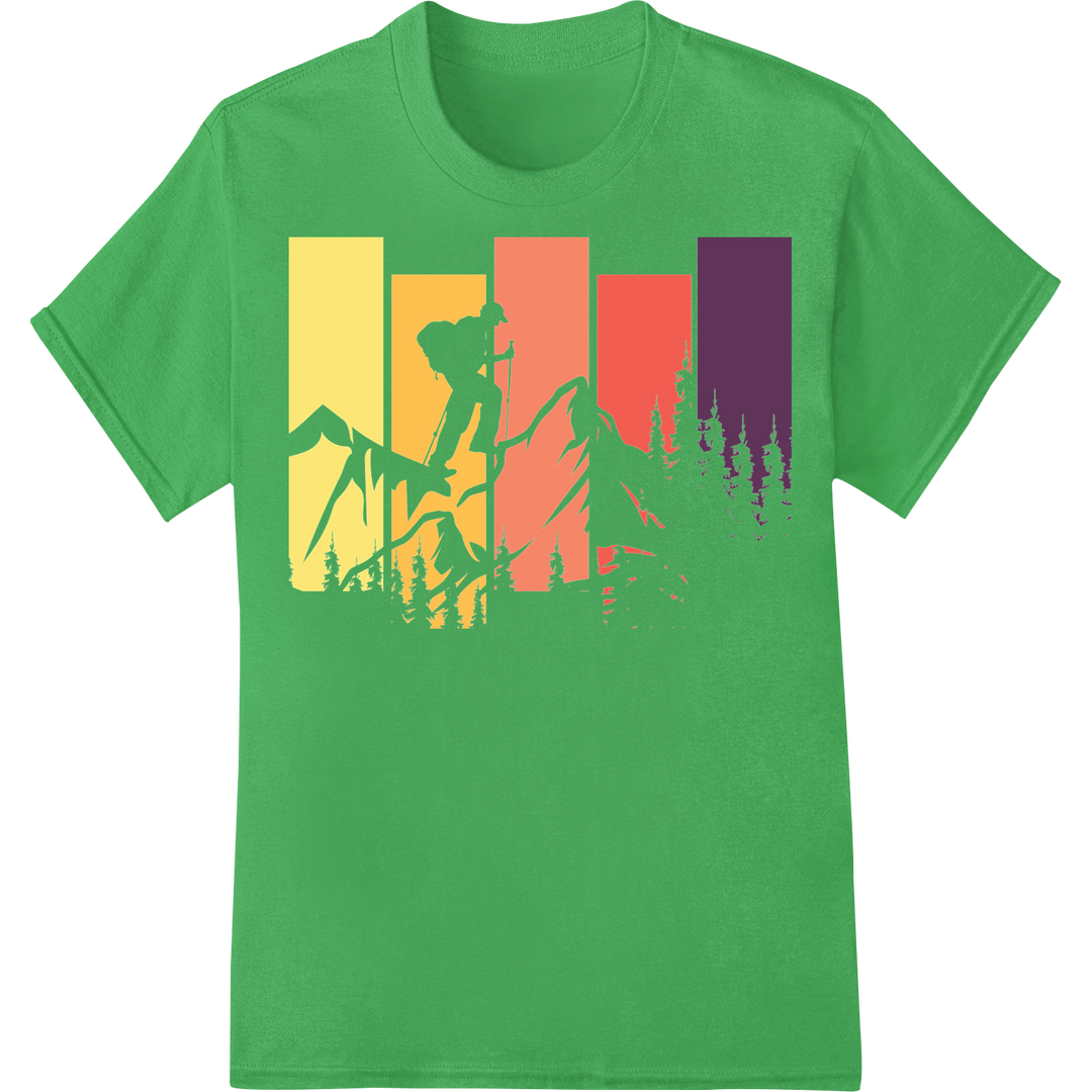 Vibrant Hiker Silhouette: Elevate Your Outdoor Gear on green shirt - SUPERDTF-DTF Prints-DTF Transfers-Custom DTF Prints