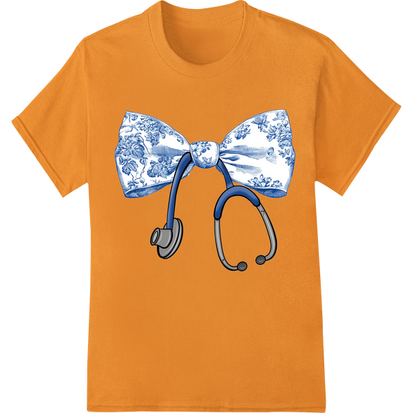 Elegant Blue Floral Bow Tie Stethoscope DTF Print Transfer on orange shirt - SUPERDTF-DTF Prints-DTF Transfers-Custom DTF Prints